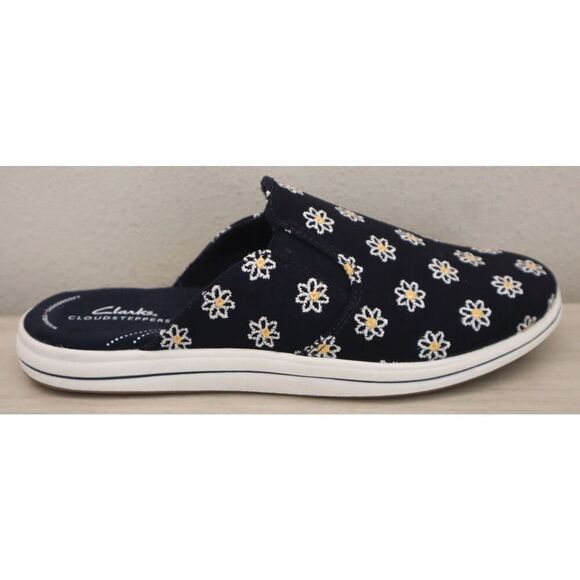 Clarks Cloudsteppers Women 9.5M Navy Floral Breeze Canvas Slip-On Mules - Picture 6 of 9
